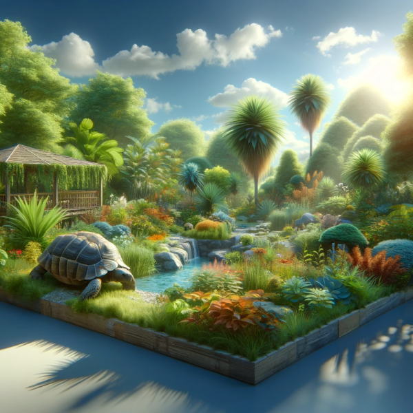 A picturesque and naturalistic setting ideal for a Russian tortoise's habitat, featuring a blend of sunlit and shaded areas, leafy greens, and colorful flowers.